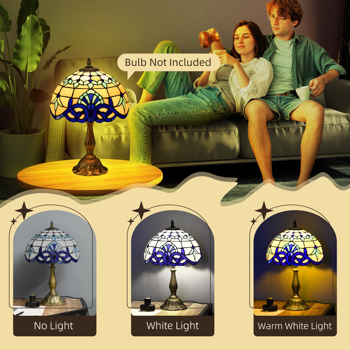 HOMCOM Tiffany Stained Glass Table Lamp, Handmade Antique Bedside Lamp for Bedroom, Living room, Home, Nightstand, Decorative Night Light, Blue