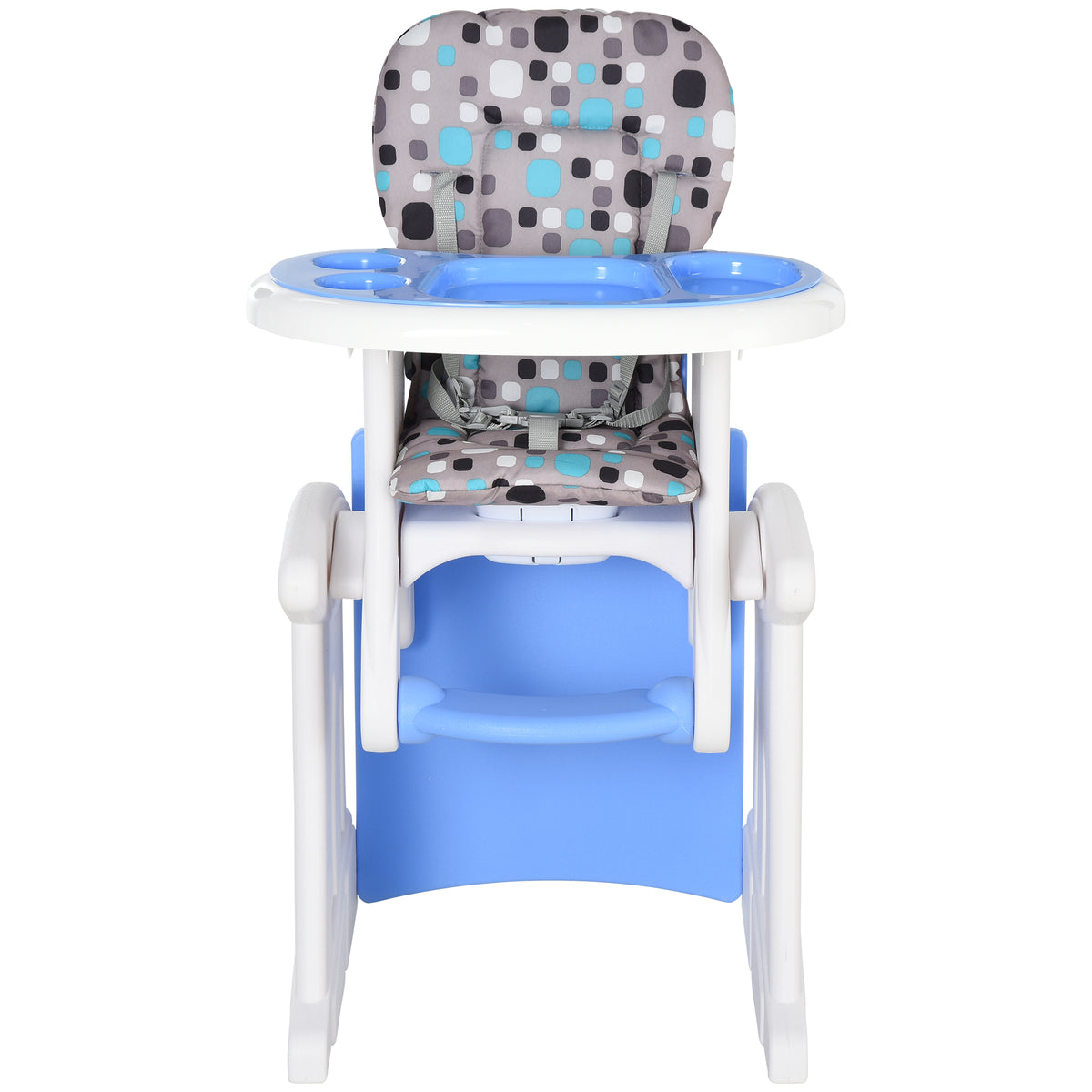 HOMCOM baby high chair, front view, with blue tray and patterned padded seat