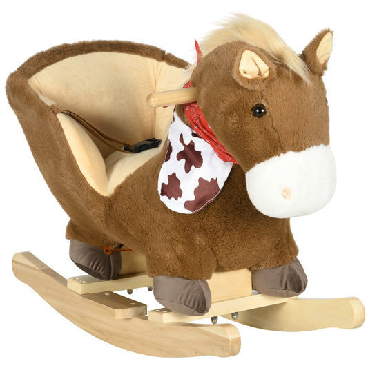 Photo of HOMCOM Kids Rocking Horse, with Secure Harness, Sounds, Foot Pedals - Brown in Brown colour on a white background