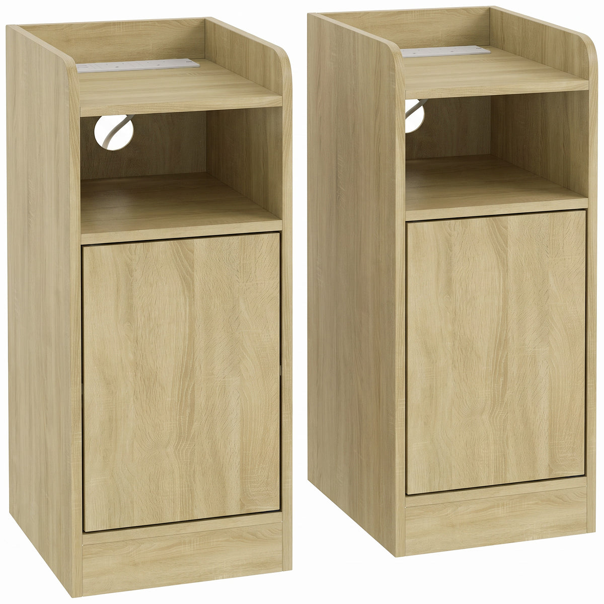 Photo of HOMCOM Slim Bedside Table Set of 2 with Charging Station, Narrow Bedside Cabinet with Adjustable Shelf, Oak in Oak colour on a white background