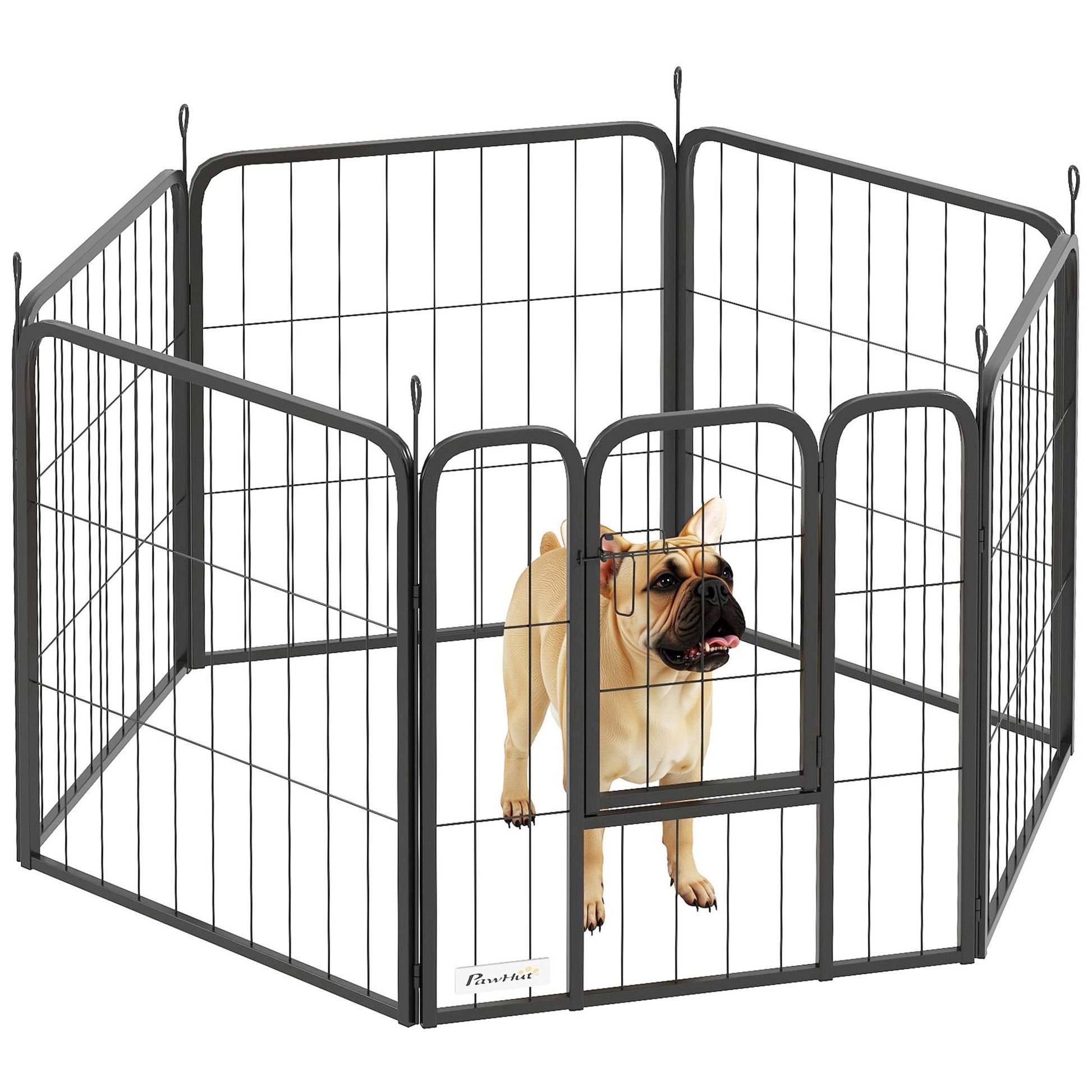 Photo of PawHut Six-Panel Dog Playpen with Door, for Small Dogs, Indoors, Outdoors, 60cm Tall, Black in Black colour on a white background