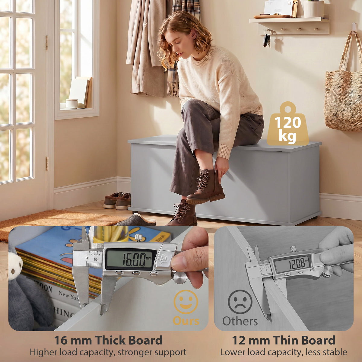 HOMCOM grey storage chest used as a bench, with a 16 mm thick board