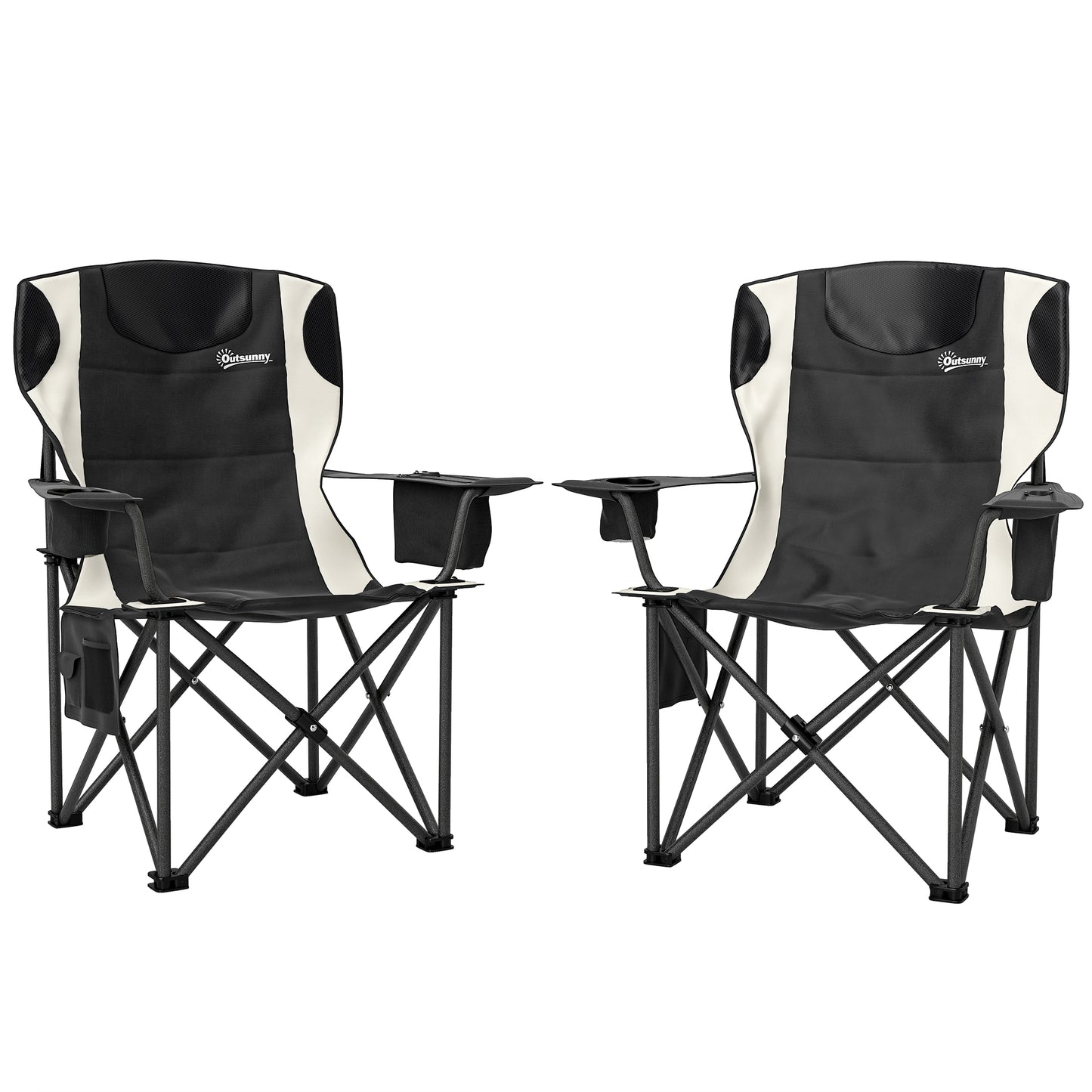 Photo of Outsunny Set of 2 Folding Camping Chairs, Padded Camping Chairs with Adjustable Armrests, Portable & Lightweight Folding Camp Chair with Cooler Bag, Cup Holder and Side Pockets, Black in Black colour on a white background