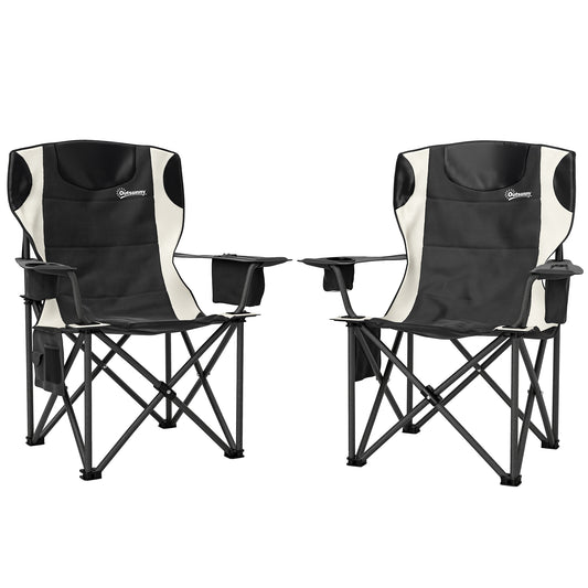 Photo of Outsunny Set of 2 Folding Camping Chairs, Padded Camping Chairs with Adjustable Armrests, Portable & Lightweight Folding Camp Chair with Cooler Bag, Cup Holder and Side Pockets, Black in Black colour on a white background