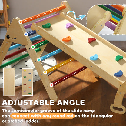 Wooden climbing frame with a ramp fitted with colorful handholds and adjustable ladder bars