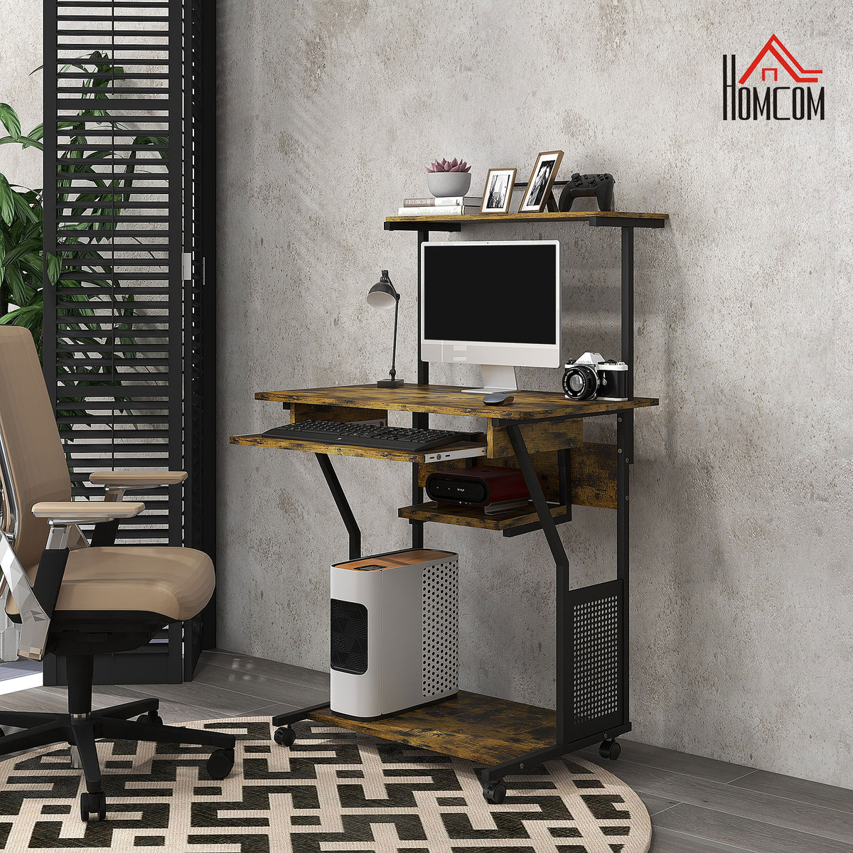 HOMCOM work desk with raised shelf, sliding keyboard tray and storage rack