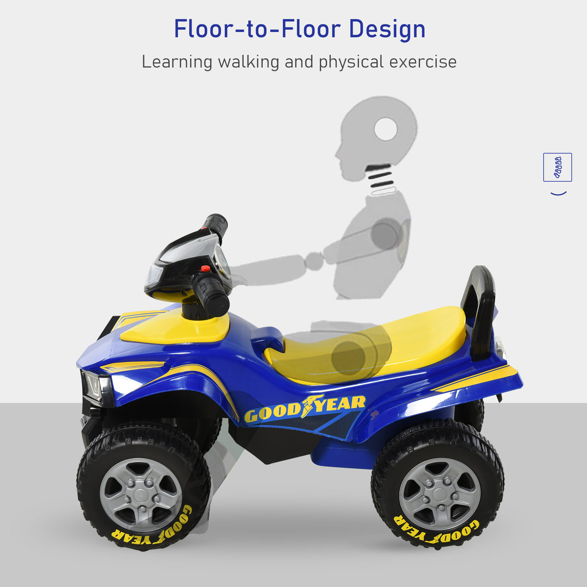Side view of blue and yellow HOMCOM ride-on quad with floor-to-floor design