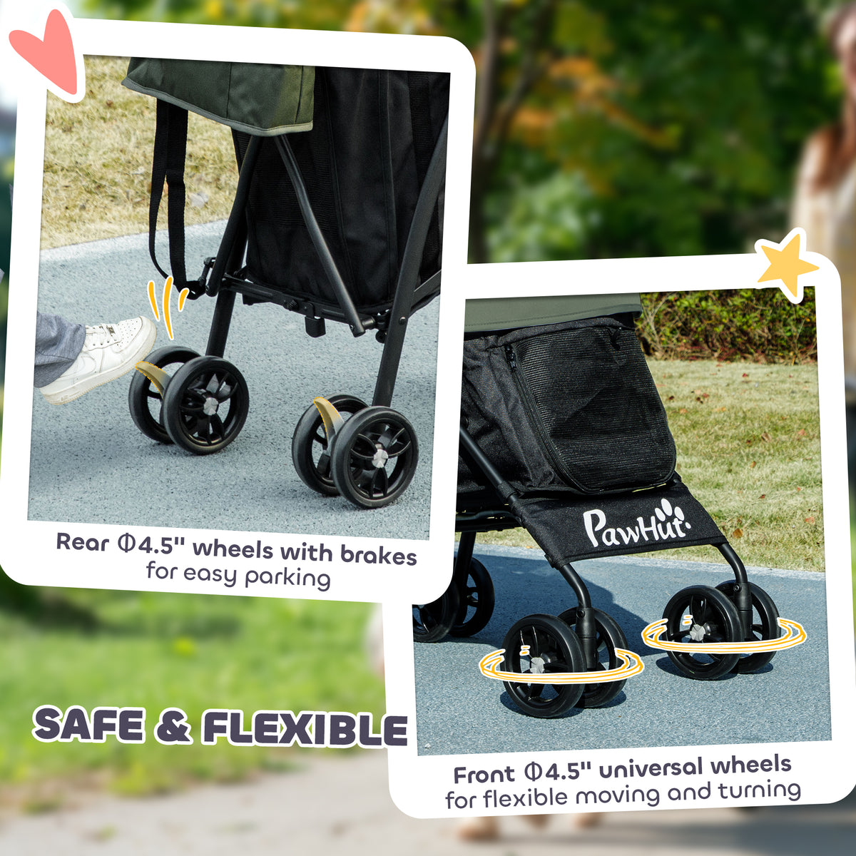 PawHut dog stroller with small rear wheels and swiveling front wheels
