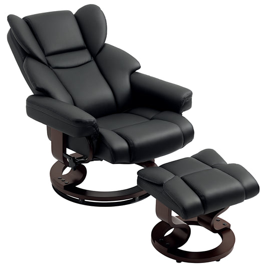 Black PU leather swivel recliner chair with padded arms and matching footstool
