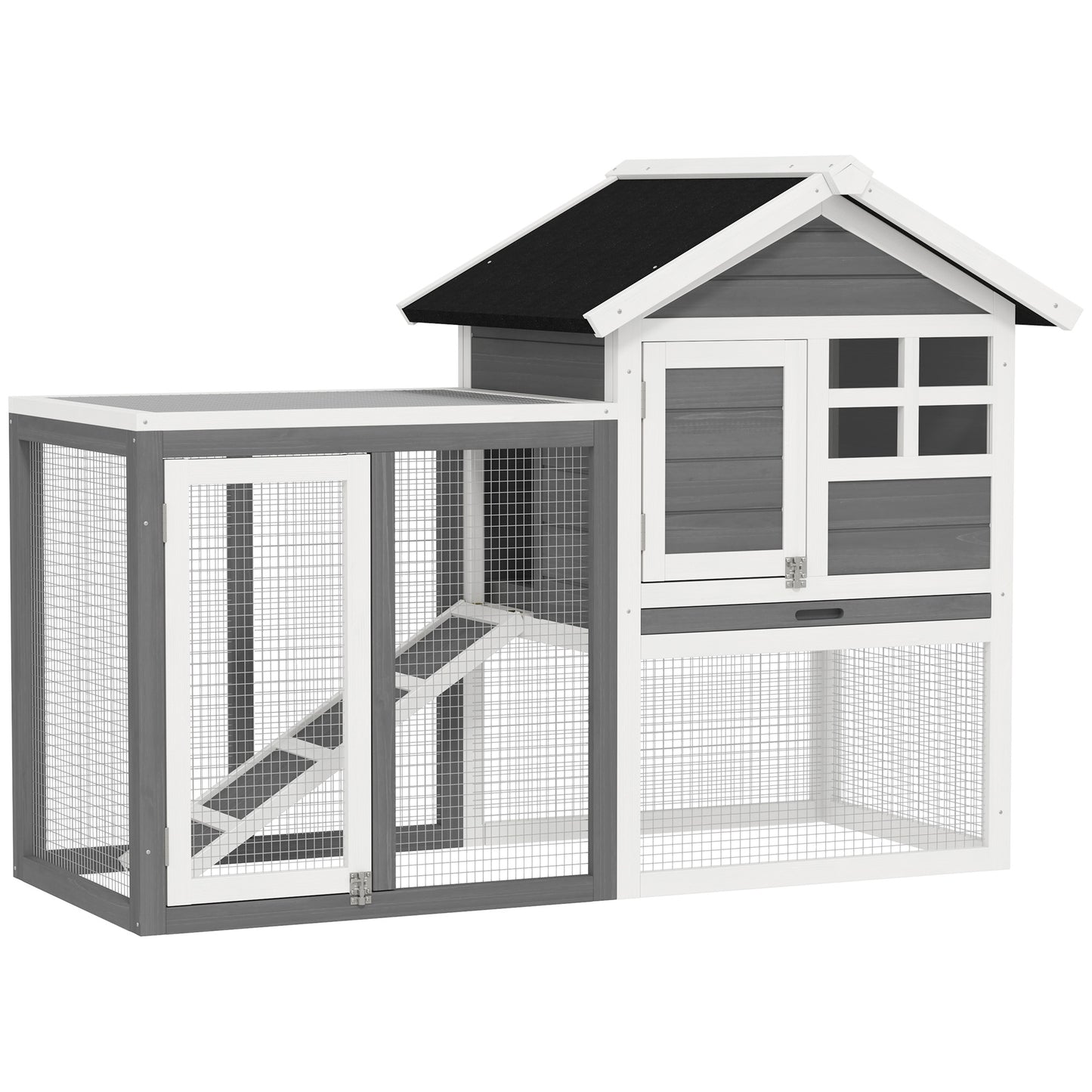 Photo of PawHut Rabbit Hutch Outdoor Wooden Guinea Pig Hutch Rabbit Run Bunny Cage Small Animal House Pull-Out Tray, Grey, 124 x 63 x 93 cm in cm colour on a white background