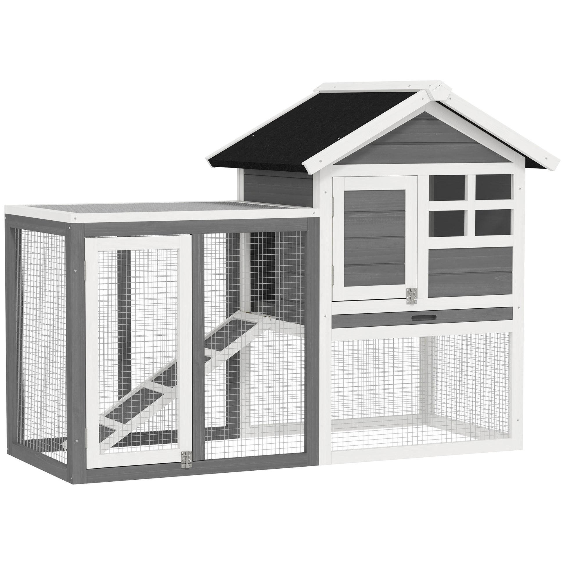 Photo of PawHut Rabbit Hutch Outdoor Wooden Guinea Pig Hutch Rabbit Run Bunny Cage Small Animal House Pull-Out Tray, Grey, 124 x 63 x 93 cm in cm colour on a white background