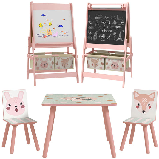 Photo of ZONEKIZ Kids Table and Chair Set and Kids Easel with Paper Roll, Storage Baskets, Kids Activity Furniture Set, Pink in Pink colour on a white background