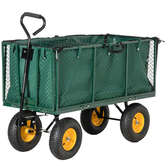 Photo of Outsunny Large 4 Wheel Heavy Duty Garden Cart Truck Trolley Wheelbarrow with Handle and Metal Frame - Green in Green colour on a white background