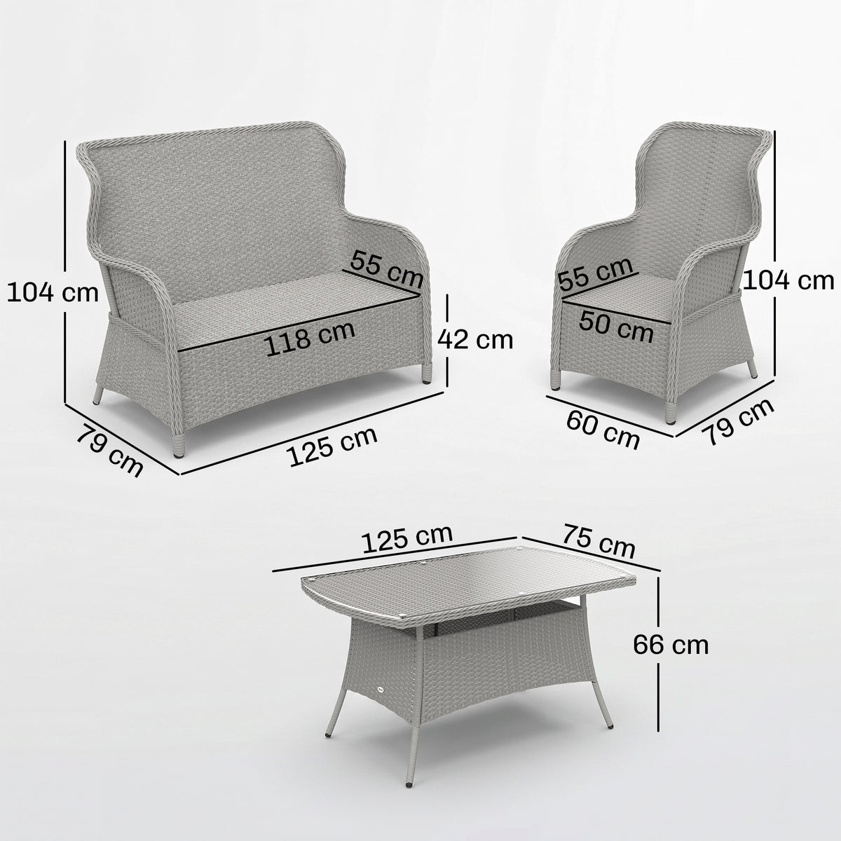 Gray wicker sofa set dimensions, showing a loveseat, armchair, and rectangular coffee table