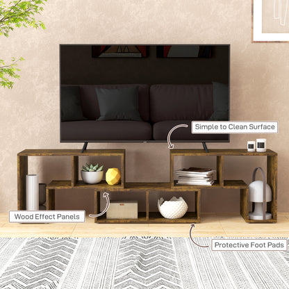HOMCOM TV stand with wood-effect panels, open shelves, and protective foot pads.