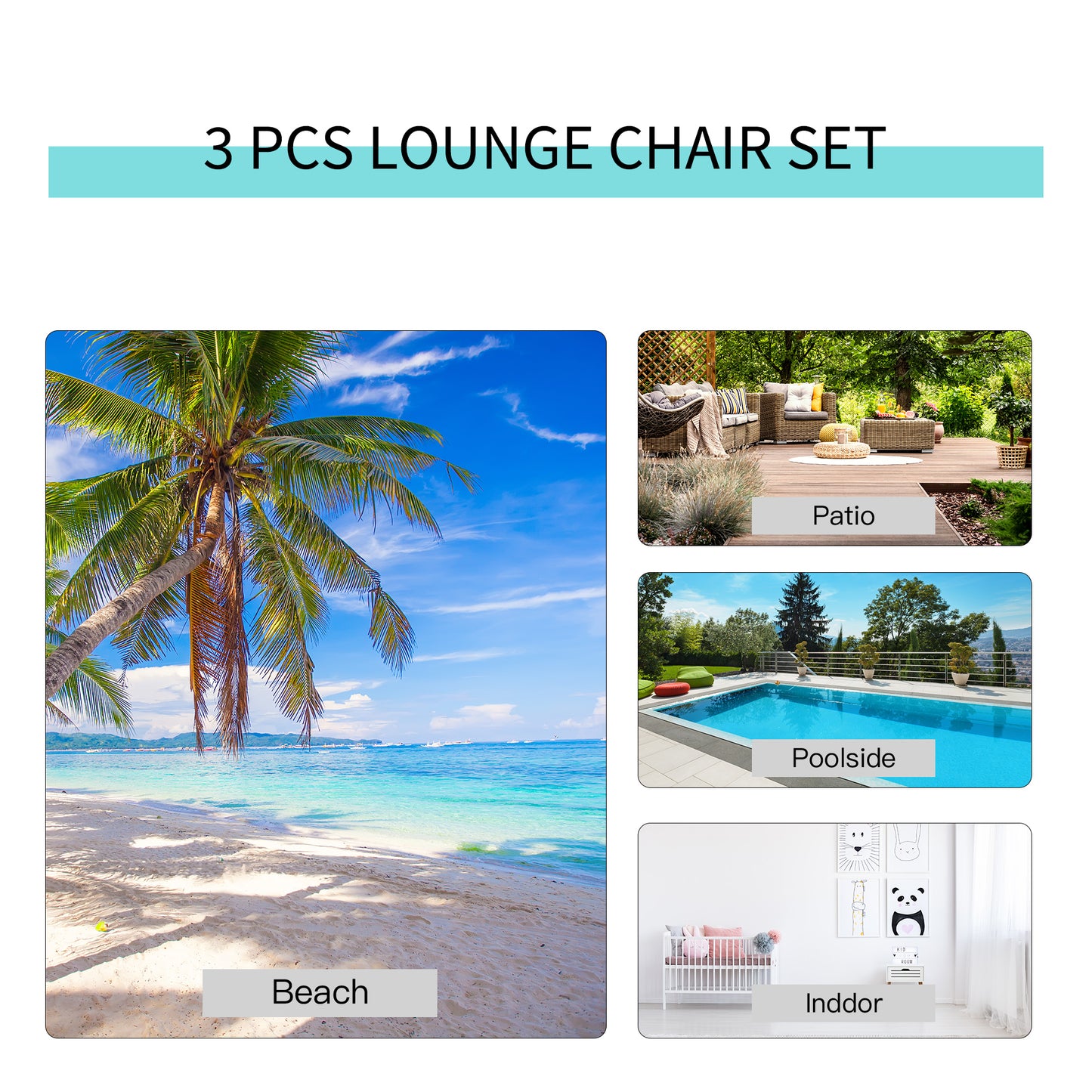 Outsunny 3 Pieces Sun Lounger Chair Set, Metal Frame Garden Outdoor Sunbathing Chair with Side Table and Armrest, Grey
