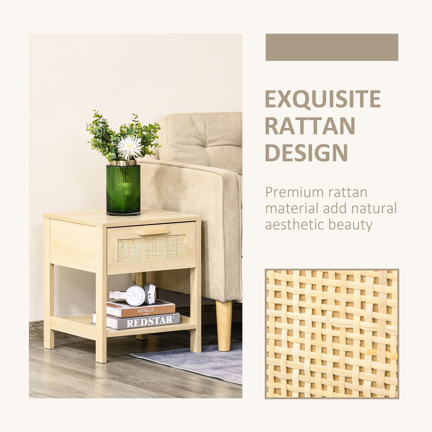 HOMCOM Bedside Table Set of 2 with Rattan Drawer, Rustic Side Tables with Storage Shelf for Bedroom, Living Room, Natural