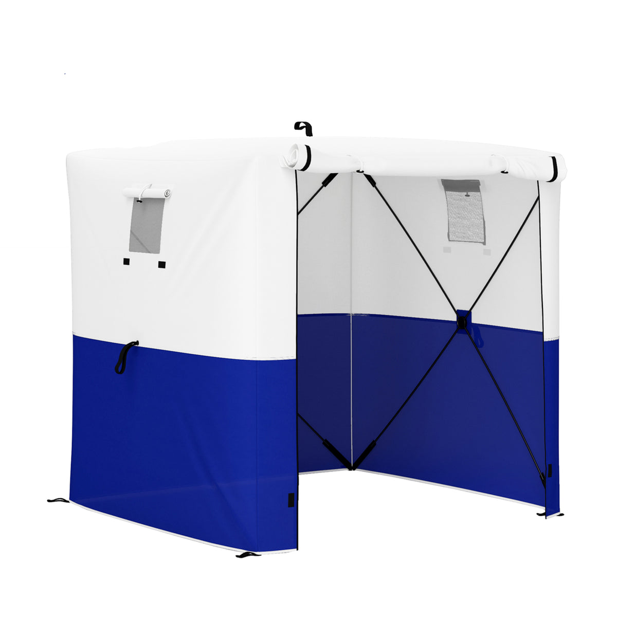 Outsunny pop-up gazebo with white and dark blue side panels and mesh windows