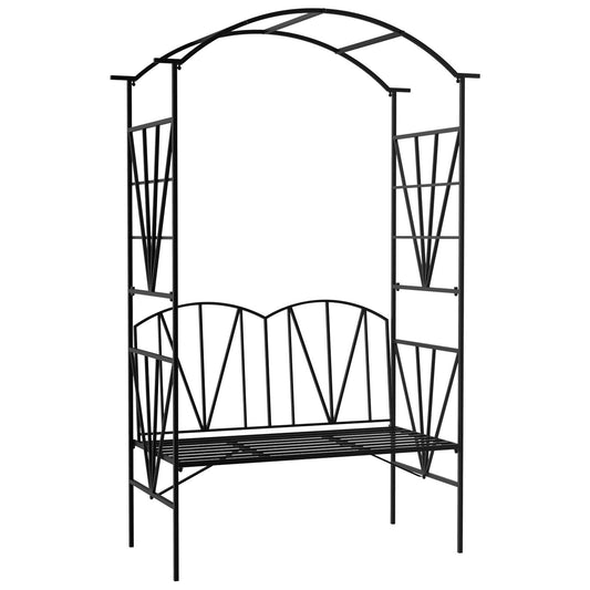 Photo of Outsunny Garden Bench, 2 Seater Outdoor Patio Bench, Metal Garden Loveseat with Arch for Vines and Climbing Plants, Black in Black colour on a white background