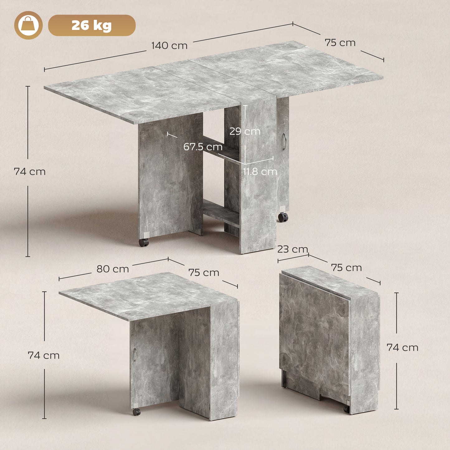 HOMCOM 80-140 cm Folding Dining Table for 4-6 People, Drop Leaf Table with 2-Tier Shelves, Rolling Casters, for Small Spaces, Kitchen, Flat, Dining Room, Cement Grey
