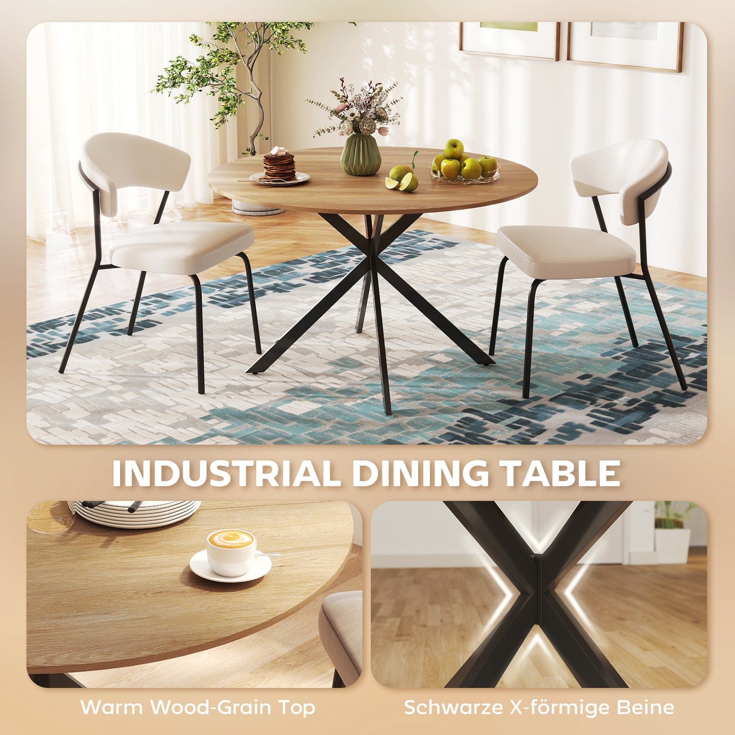 HOMCOM Dining Table for 4, 120 cm Industrial Kitchen Table with Wood Effect Tabletop and Steel Legs, Oak