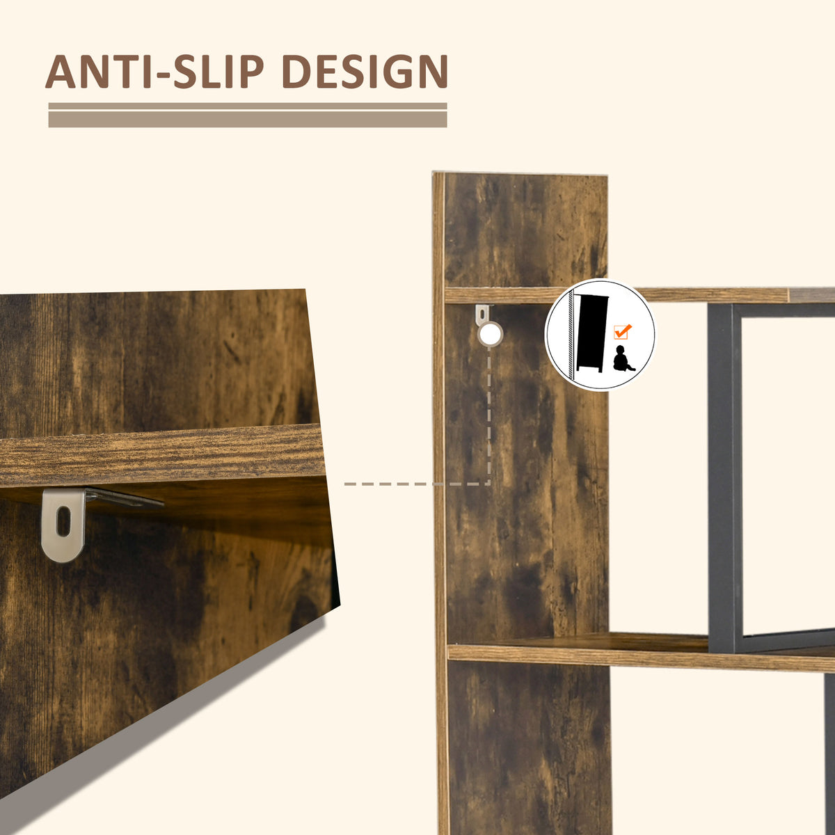 Close-up of bookshelf anti-tip wall anchor attached to a rustic brown shelf