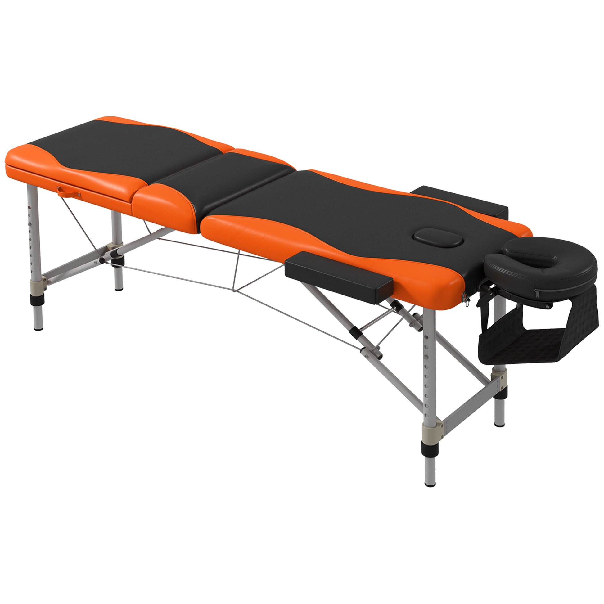 Photo of HOMCOM Foldable Massage Bed Portable Table, 3-Section Aluminium Foldable Beauty Couch, Professional Salon Spa Table with Headrest Support and Carry Bag, 60 cm Width, Black and Orange in Orange colour on a white background