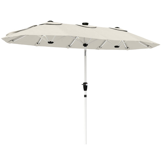 Photo of Outsunny 3 m Double-Sided Garden Parasol with LED Solar Lights, Tilt, Outdoor Extra Large Sun Umbrella with Crank Handle, Cream in Cream colour on a white background