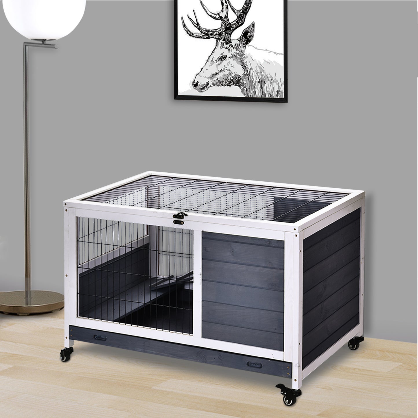 Photo of PawHut Rabbits Indoor Fir Wood Lift-Top Hutch Guinea Pigs Hutches-Grey and White in White colour on a white background