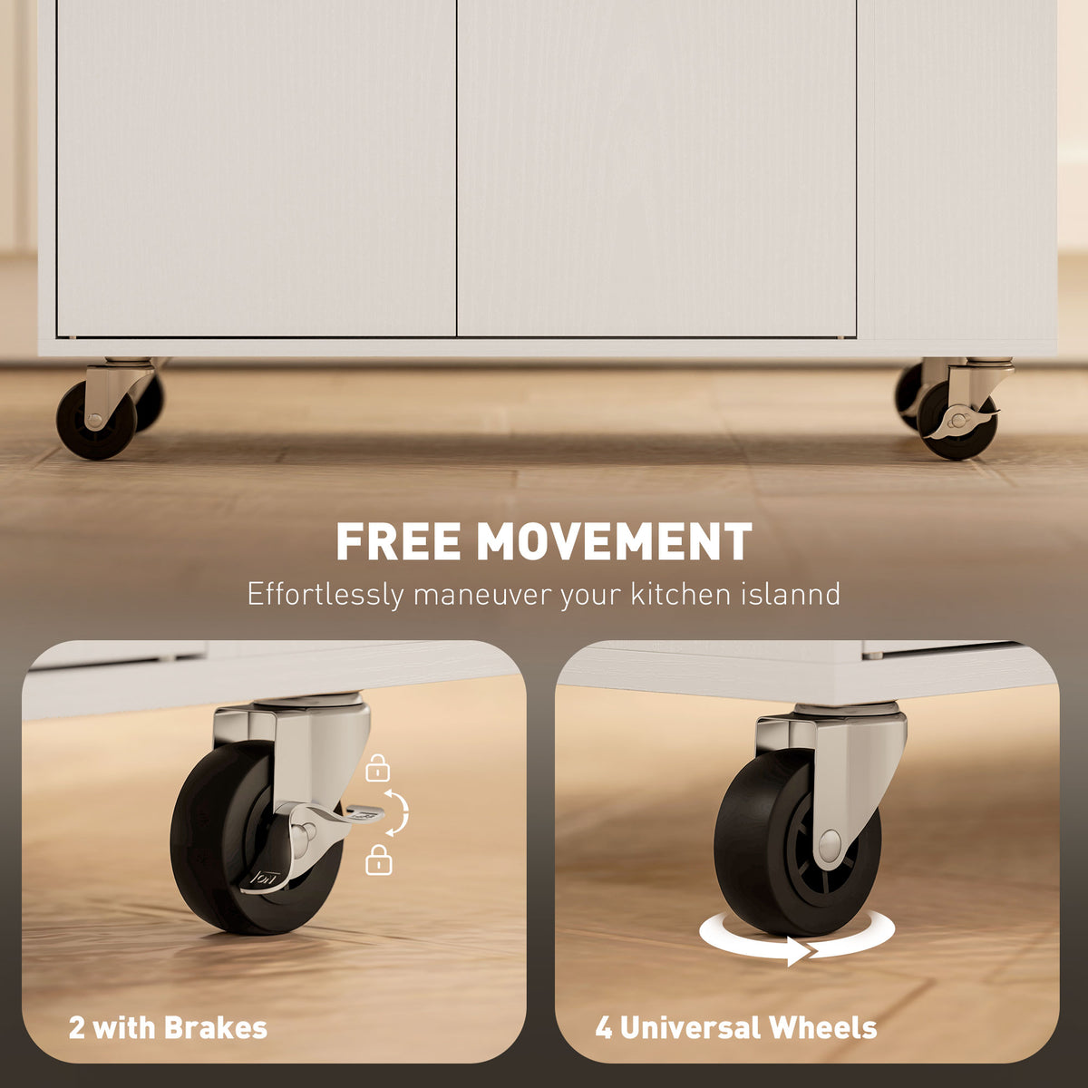 Kitchen island cart with swivel casters, including two locking wheels
