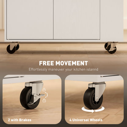 Kitchen island cart with swivel casters, including two locking wheels