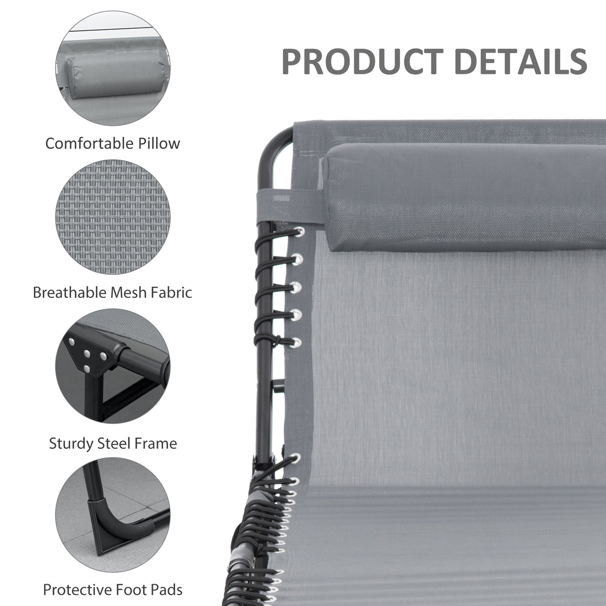 Grey sun lounger detail showing its pillow, mesh fabric, steel frame, and foot pads