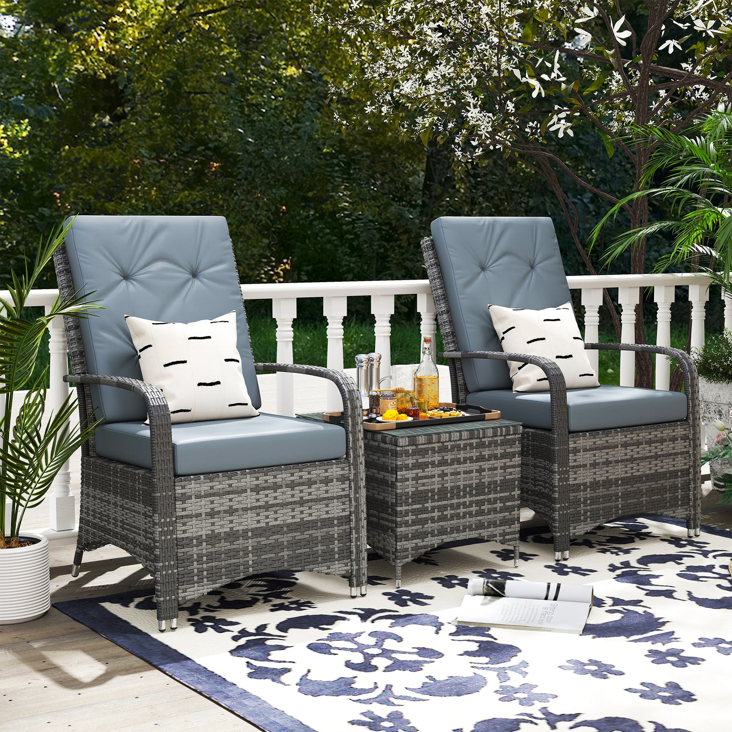 Outsunny 2-Seater Rattan Table & Chair, Bistro Garden Furniture Set Wicker Table for Small Patio, Waterproof Cover Included