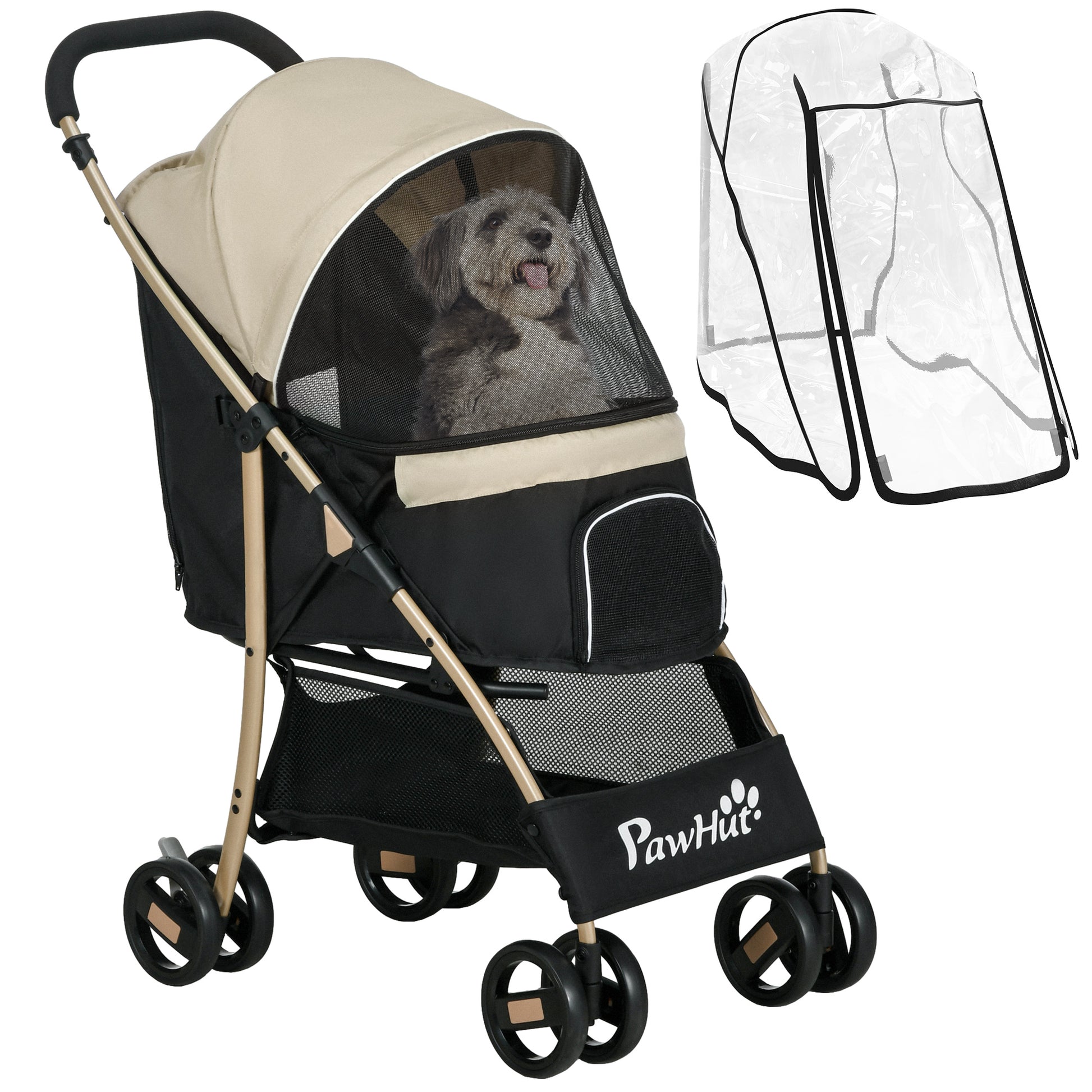 Photo of PawHut Pet Stroller for Small and Miniature Dogs, with Rain Cover - Khaki in Khaki colour on a white background