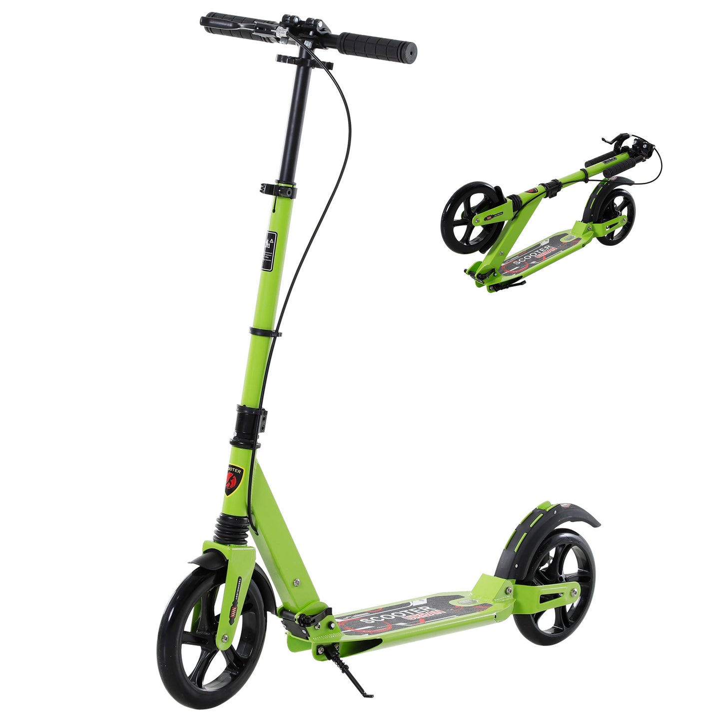 Photo of HOMCOM Kick Scooter, Folding 2 Wheel Scooter with Dual Brake System, Dual Suspension, 230mm Big Wheels and 3 Adjustable Handlebar, for 14+ Teens Adults, up to 100KG, Green in Green colour on a white background