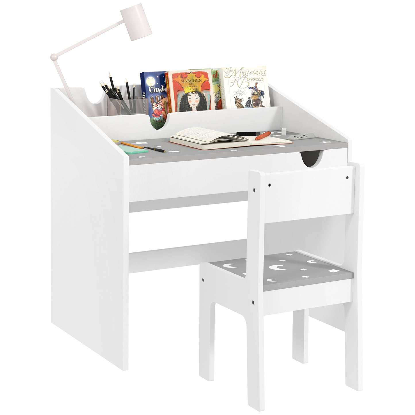 Photo of AIYAPLAY Children Study Table and Chair, Kids Desk and Chair Set with Storage, Pull-Out Drawer, for Ages 3-6 Years, Grey in Grey colour on a white background