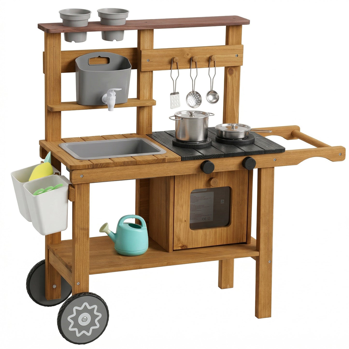 Photo of AIYAPLAY Wooden Mud Kitchen with Wheels, Stove, Faucet, Flower Pots, Stainless Steel Accessories for Toddlers 3-6, Brown in Brown colour on a white background