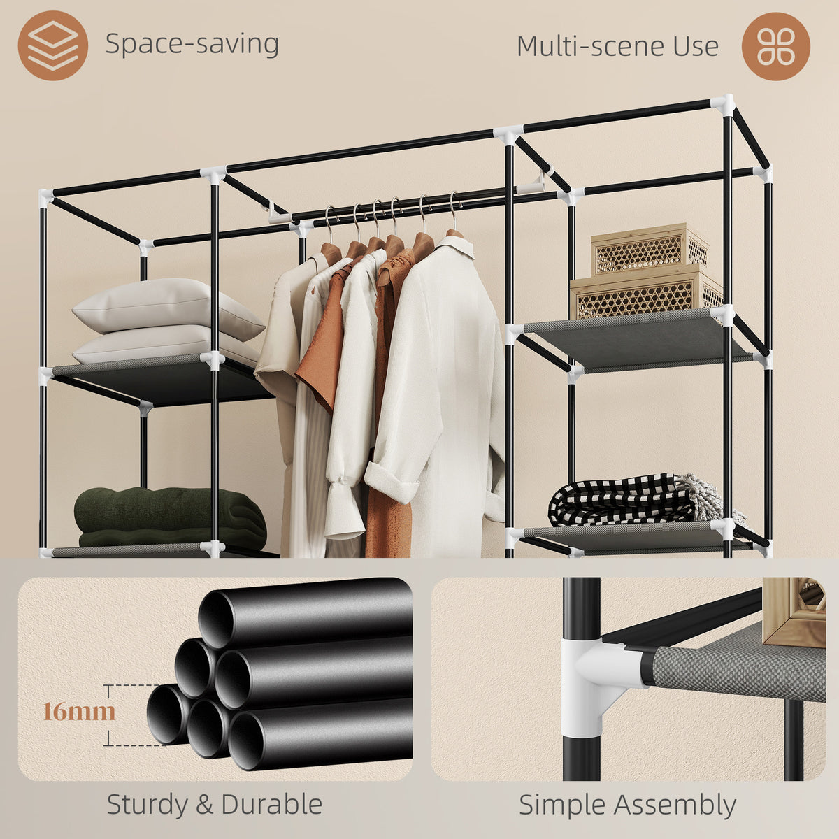 HOMCOM Clothes Storage Organiser with Hanging Rail, Shelves, Portable Wardrobe, Foldable Fabric Wardrobe, Dark Grey