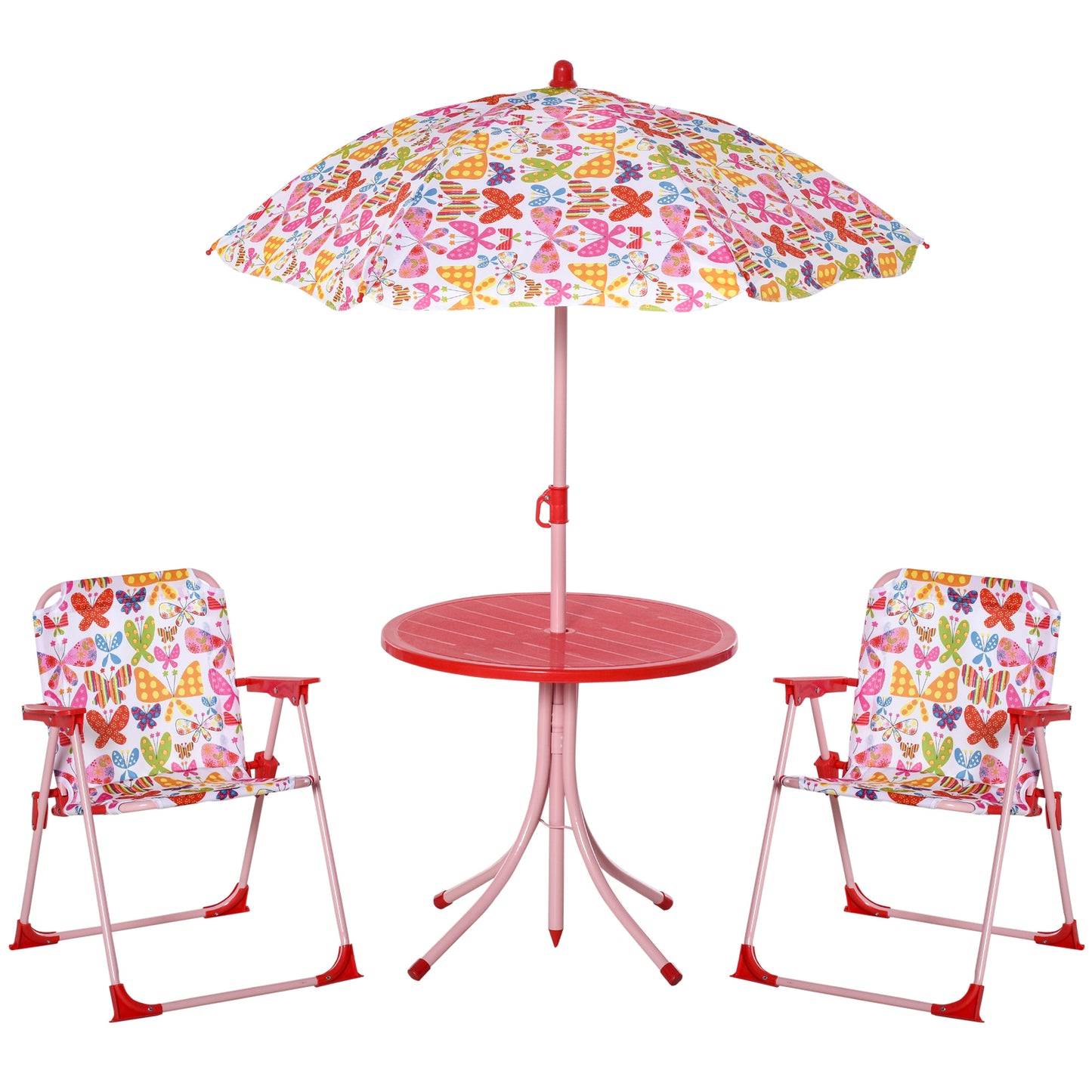 Photo of Outsunny Kids Outdoor Bistro Table and Chair Set Butterfly Pattern Garden Patio Backyard with Removable & Height Adjustable Parasol in Parasol colour on a white background