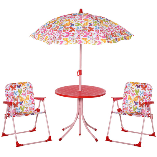 Photo of Outsunny Kids Outdoor Bistro Table and Chair Set Butterfly Pattern Garden Patio Backyard with Removable & Height Adjustable Parasol in Parasol colour on a white background
