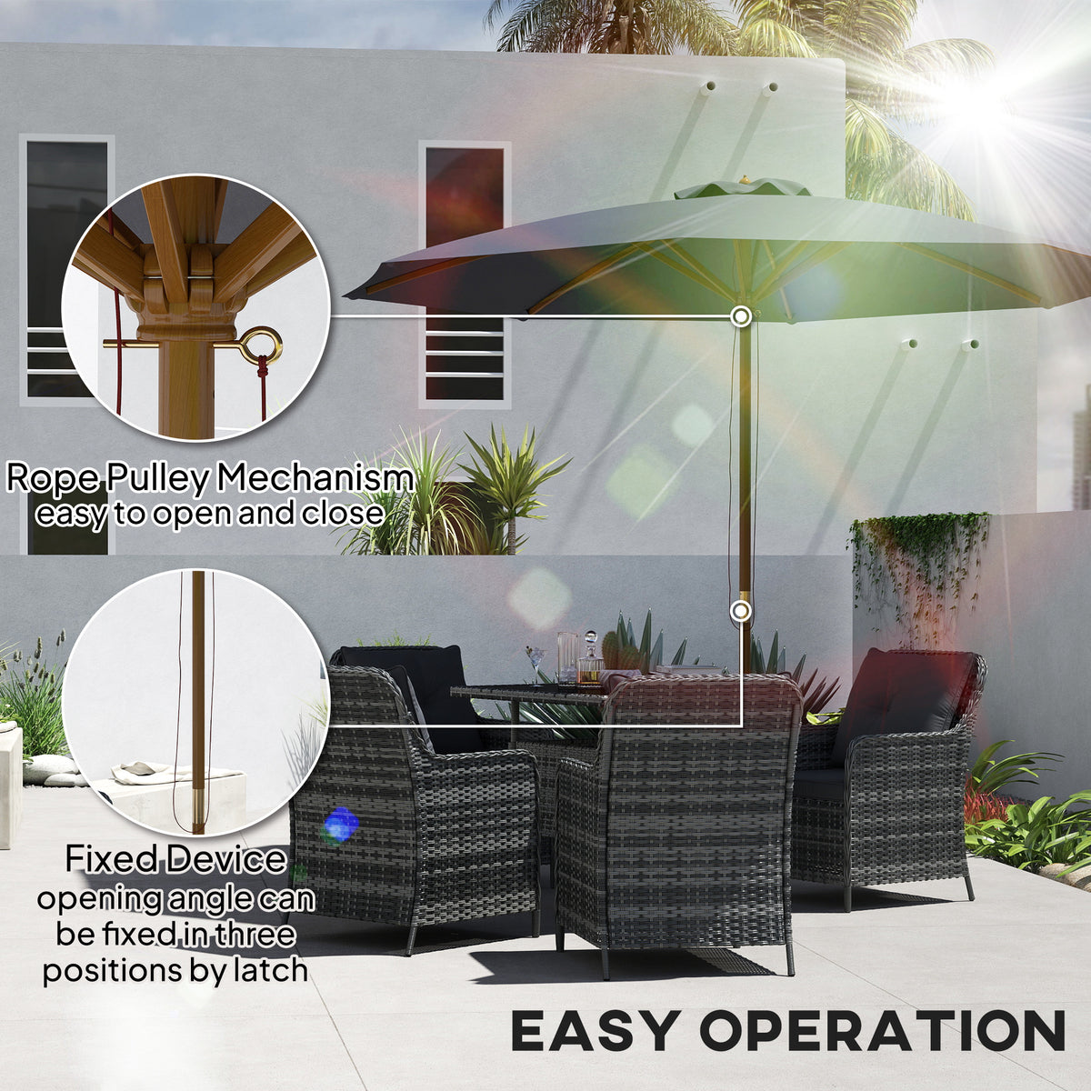 Outsunny 3m Wood Pole Parasol Umbrella - Grey