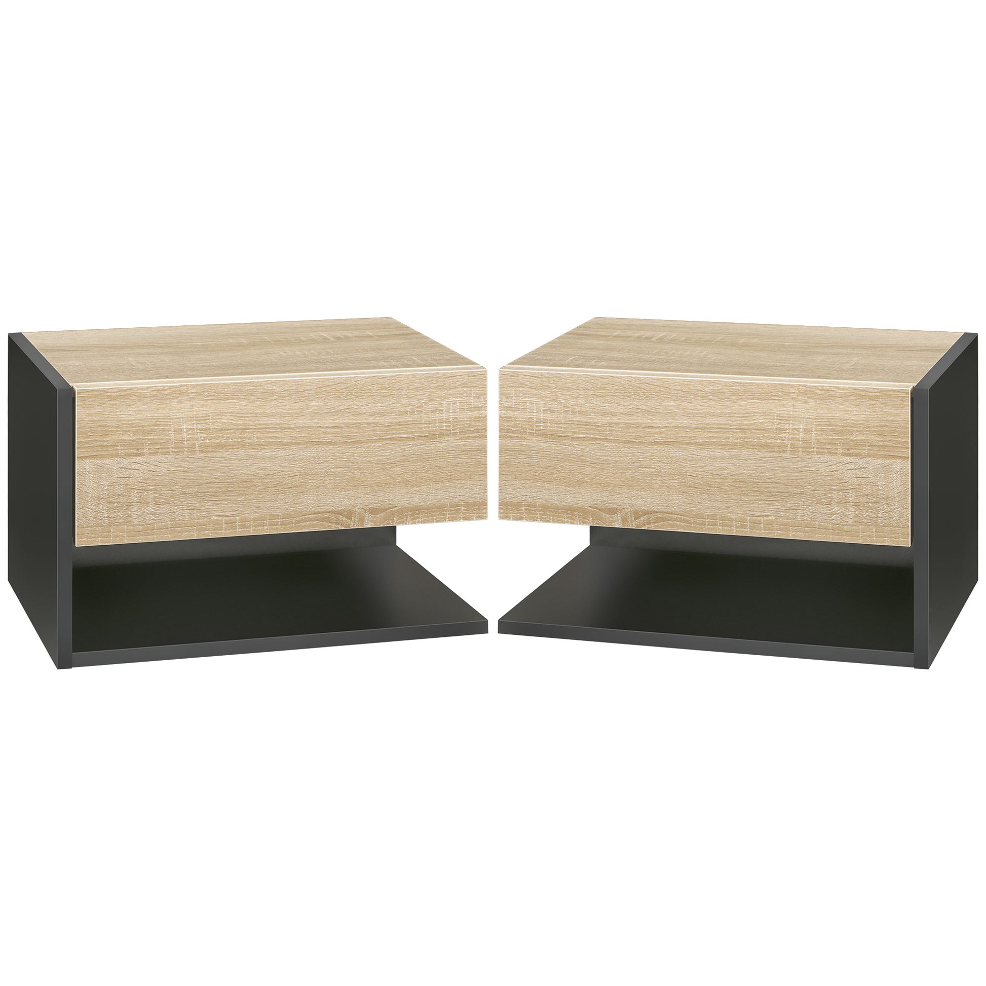 Photo of HOMCOM Floating Bedside Table Set of 2, Wall Mounted Bedside Cabinet with Drawer and Open Shelf, Modern Nightstand for Bedroom, 46 x 30 x 30 cm, Oak Tone in Tone colour on a white background