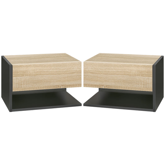 Photo of HOMCOM Floating Bedside Table Set of 2, Wall Mounted Bedside Cabinet with Drawer and Open Shelf, Modern Nightstand for Bedroom, 46 x 30 x 30 cm, Oak Tone in Tone colour on a white background