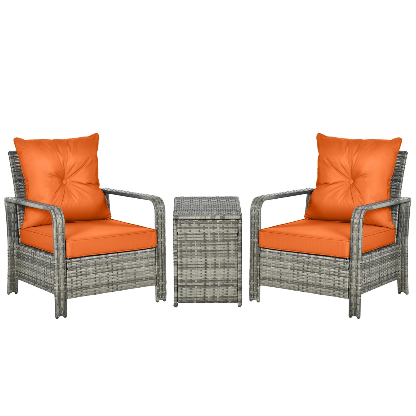 Photo of Outsunny 3 Pieces Rattan Bistro Set, Wicker Garden Furniture Set with 72 L Storage Coffee Table and Chairs, Orange in Orange colour on a white background