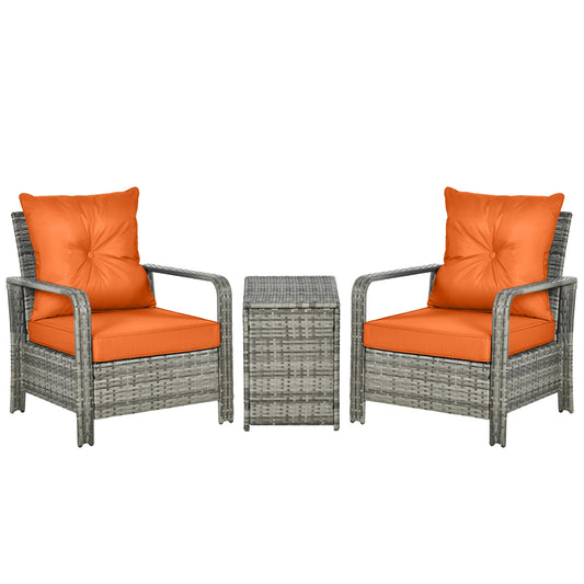 Photo of Outsunny 3 Pieces Rattan Bistro Set, Wicker Garden Furniture Set with 72 L Storage Coffee Table and Chairs, Orange in Orange colour on a white background