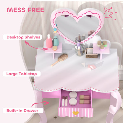 Pink vanity table with heart mirror, desktop shelves and open storage drawer