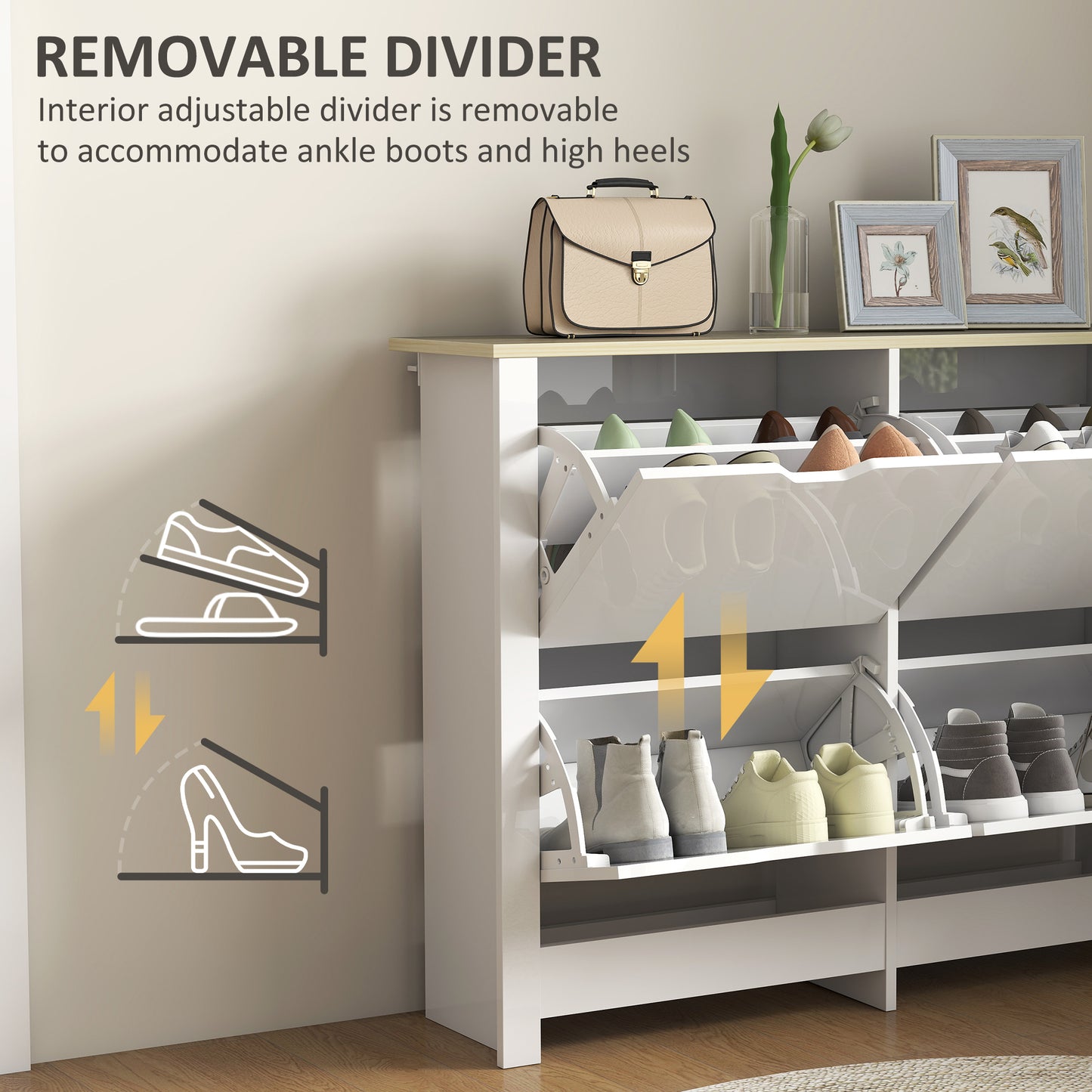 HOMCOM Slim Shoe Cabinet, Narrow Shoe Cupboard with 4 Flip Drawers, Adjustable Shelves for 16 Pairs of Shoes, White