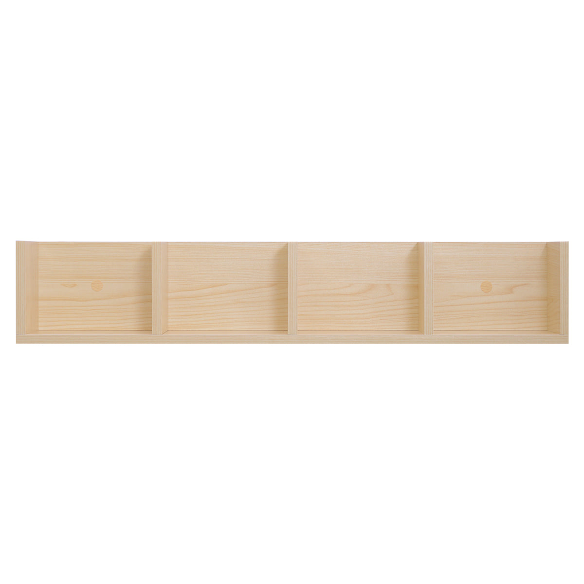 Natural wood media shelf shown straight on with four open compartments.