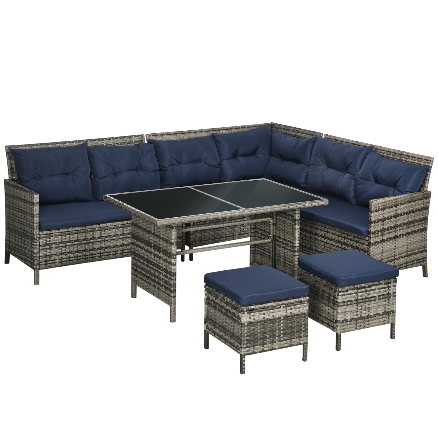 Photo of Outsunny 7-Seater Patio wicker Sofa Set Rattan Chair Furniture w/ Glass & Cushioned, Dark Blue in Blue colour on a white background