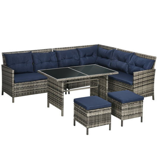 Photo of Outsunny 7-Seater Patio wicker Sofa Set Rattan Chair Furniture w/ Glass & Cushioned, Dark Blue in Blue colour on a white background